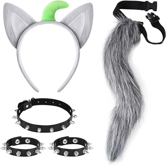 4 Pcs Wolf Costume Wolf Ears Headband Spiked Collar Rivets Bracelet and Tail Animal Costume for Halloween Cosplay Party Accessories Kit