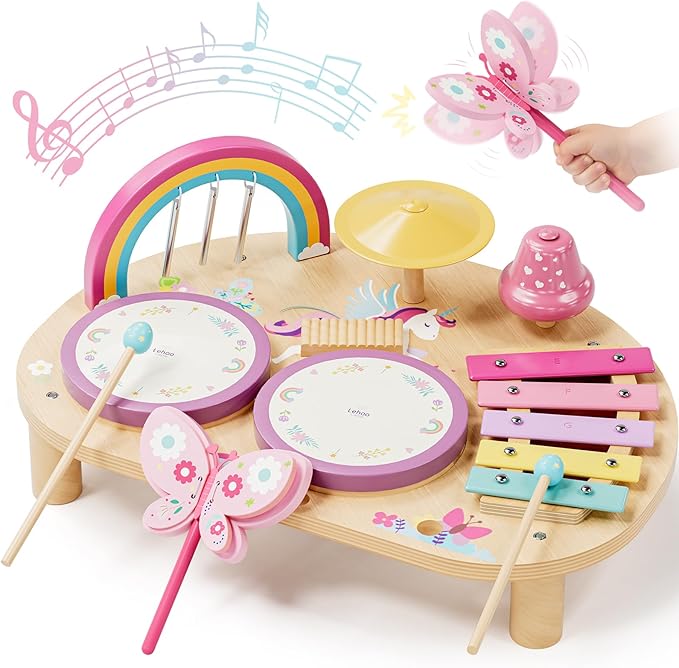Lehoo Castle Toddler Drum Set, Unicorn Montessori Music Toys with Xylophone, 7 in 1 Wooden Musical Instruments for Toddlers 1-3, Baby Drum Set Educational Birthday Gift for 12-18 Months Girl
