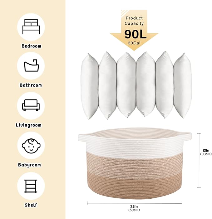OIAHOMY 90L Blanket Basket for Living Room, Large Basket 23" x 23" x 13" with Handle, Laundry Hamper for Blankets, Pillows, Toy Storage for Kids, Dogs - Gardient Light Brown