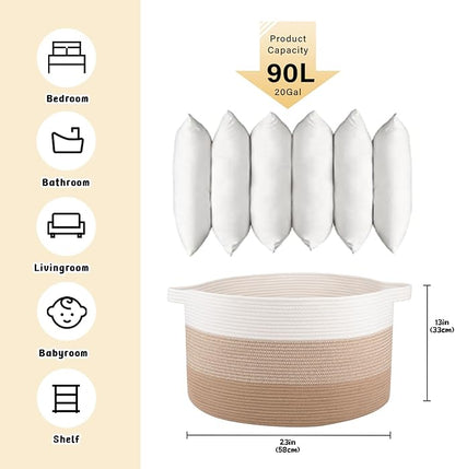 OIAHOMY 90L Blanket Basket for Living Room, Large Basket 23" x 23" x 13" with Handle, Laundry Hamper for Blankets, Pillows, Toy Storage for Kids, Dogs - Gardient Light Brown
