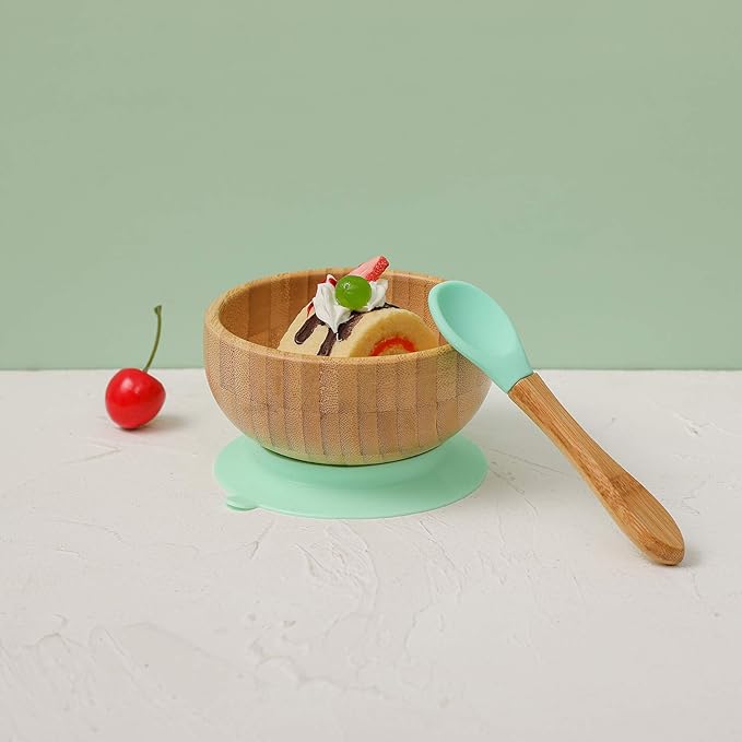 Baby Bowls and Spoons, Baby Bamboo Bowl and Spoon | Silicone Suction | Bamboo Baby Bowls for Baby | Baby Bowls First Stage | Baby Wood Bowls (Cyan-Blue)