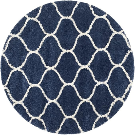 SAFAVIEH Hudson Shag Collection 11' Round Navy/Ivory SGH280C Moroccan Ogee Trellis Non-Shedding Living Room Bedroom Dining Room Entryway Plush 2-inch Thick Area Rug