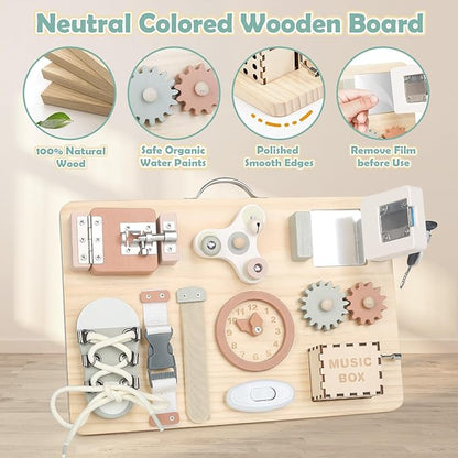 Joyreal Montessori Busy Board for Toddlers - Wooden Sensory Board Activity Board for Fine Motor Skills, Travel Baby Busy Board Sensory Toys for Kids