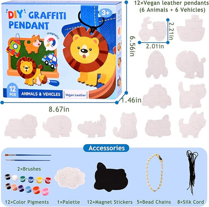 Magnetic Mini Tile Art-DIY Craft Kits for Kids,Fridge magnet painting kit for kids Ages 4-8,Soft Leather Fridge Magnets Craft Paint Set Animals & Vehicles,Party Favors for Kids 8-12