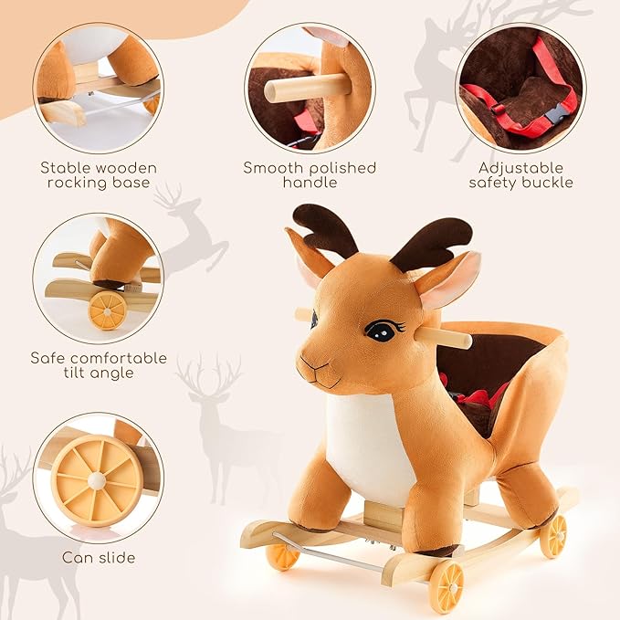 Toddler Rocking Horse Ride-on Toy 2-in-1 Convertible Rocker Pull Cart with Detachable Wheels, Music Player Safety Belt, Early Learning Baby Ride on Birthday Gift for 1-3 Year Old Boys Girls