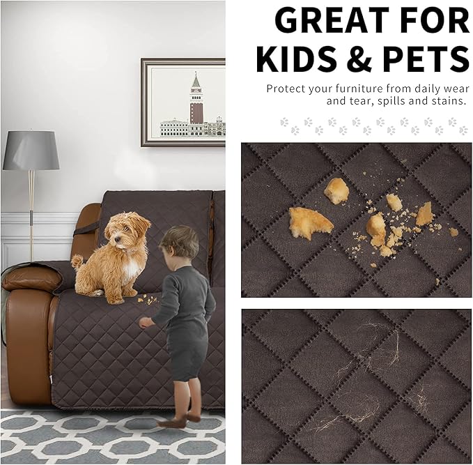 Easy-Going Oversized Loveseat Recliner Cover, Reversible Couch Cover for Double Recliner, Split Sofa Cover for Each Seat with Elastic Straps for Dogs, Pets(Oversized 2 Seater, Chocolate/Beige)