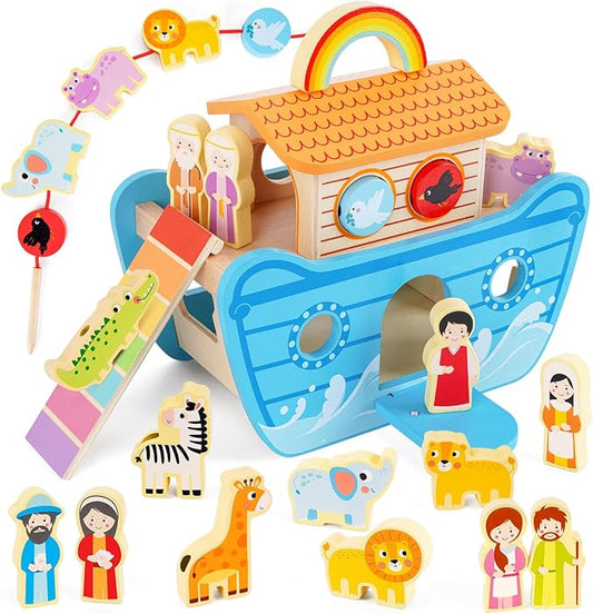 Wooden Noahs Ark Toy Animal Playset, Baptism Gifts for 2 3 4 Years Old Boys Girl, Lacing Beads, Shape Sorter, Montessori Noah's Ark Toys with Bible Story Book for 24 Months Kids