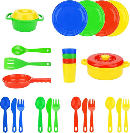 Flormoon Play Dishes Set - 27pcs Durable Pretend Play Cooking Toys - Super Sturdy, BPA Free, Food Safe, Phthalate Free - Kid Dishes Kitchen Toys for Boys and Girls 2+ Years