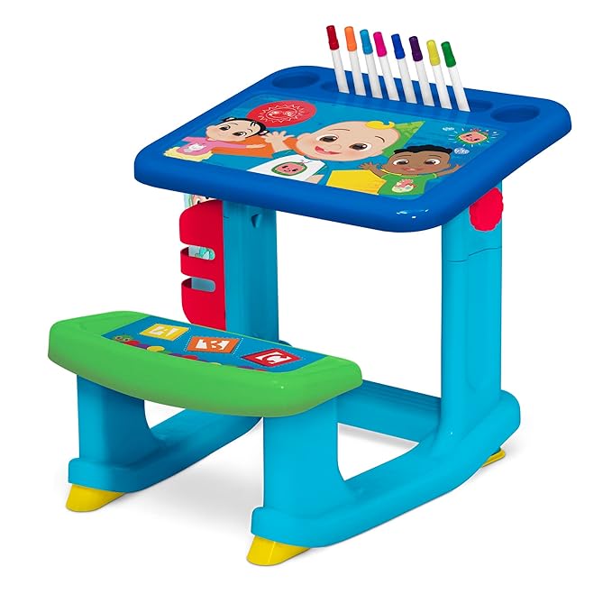 CoComelon Draw and Play Desk by Delta Children – Includes 10 Markers and Coloring Book, Blue
