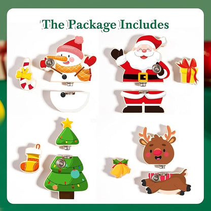 HUZU Christmas Snap Together Building Blocks Toy, Santa, Reindeer, Snowman, Christmas Tree Take Apart Characters, 3 4 5 6 7 8 Years Old Kids Wooden Puzzle, STEM Fine Motor Skill Christmas