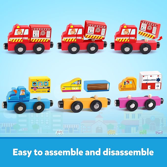 Helsort Wooden Magnetic Trains Cars - 8 Piece Educational and Skill-Building Wooden Toy for Boys and Girls Toys Train, Montessori Fine Motor Skills for Toddlers and Kids Ages 3+