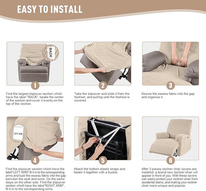 KinCam Recliner Covers, Stretch Reclining Chair Covers, Recliner Sofa Slipcovers Stripe Jacquard Recliner Couch Covers Furniture Protector Covers for Pet Kid (1 Seater, Vanilla)