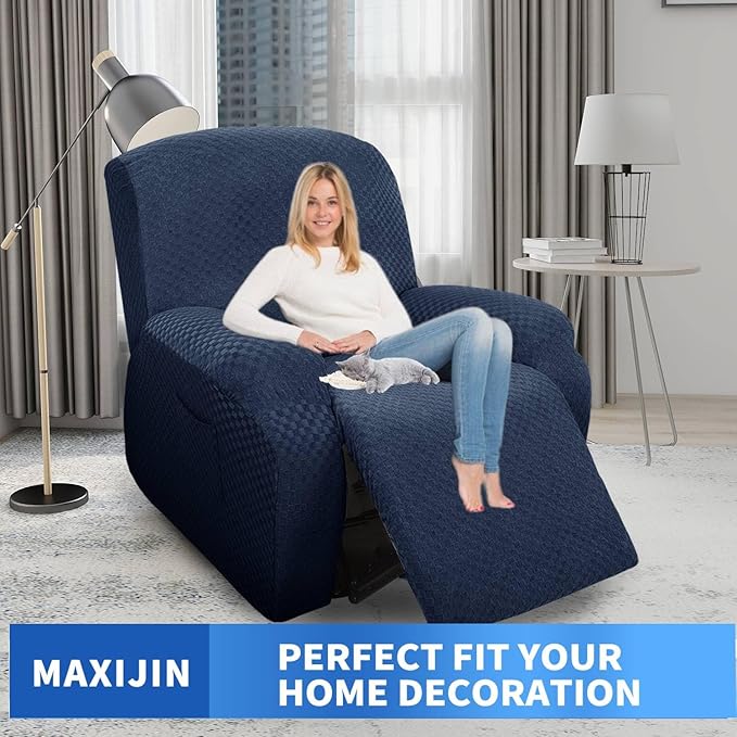 MAXIJIN Oversized Recliner Covers That Stay in Place 4 Pieces Stretch Large Recliner Chair Covers Jacquard Dogs Cats Proof Reclining Slipcovers with Elastic Bottom (XL Recliner, Navy Blue)