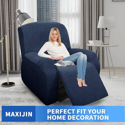 MAXIJIN Oversized Recliner Covers That Stay in Place 4 Pieces Stretch Large Recliner Chair Covers Jacquard Dogs Cats Proof Reclining Slipcovers with Elastic Bottom (XL Recliner, Navy Blue)