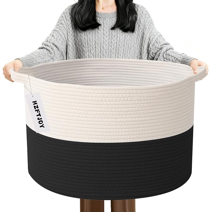 90L Extra Large Blanket Basket,Rope Woven Storage Basket with Handles, Laundry Hamper for Toys, Clothes, Pillows & Towels, Perfect for Living Room, Nursery & Bedroom,White&Black