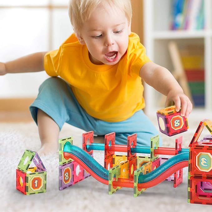Magnetic Tiles, Magnetic Pipe Blocks, Marble Run STEM Building Set, 110Piece, GIft for Children Boys and Girls