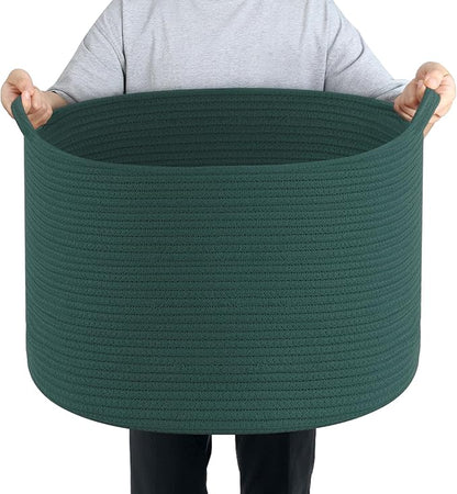 Maliton Woven Rope Basket for Blankets, Extra Large Storage, Green Laundry Hamper, Baby and Pet Toy Storage, Big Towel Basket, 22" x 22" x 14" Blanket Holder, Cotton Rope Bin