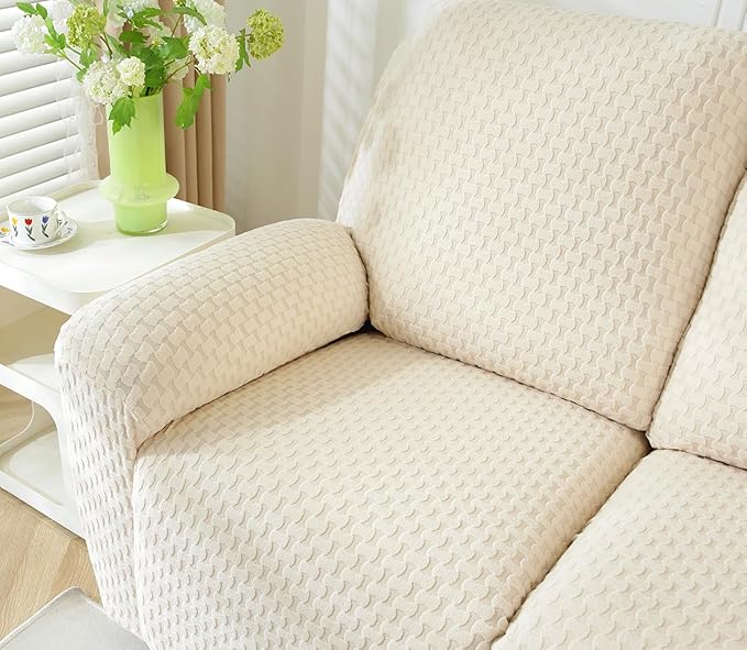 vctops 6 Pieces Jacquard Plush Recliner Loveseat Slipcover Stretch Soft Sofa Couch Cover Anti-Slip Solid Color Furniture Protector with Elastic Bottom for Kids Cats Dogs(Cream,2 Seat)