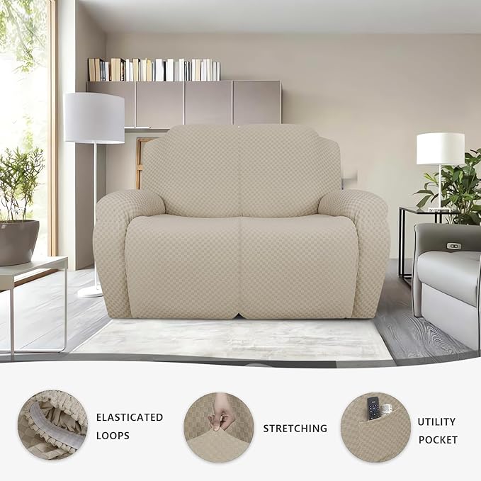 Stretch Jacquard Recliner Sofa Covers 3 Seat Soft Recliner Chair Covers Sofa Slipcover with Pocket and Elastic Bottom Furniture Protector for Kid,Pets（Checks,Khaki）