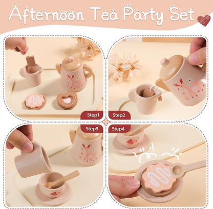 Tea Party Set for Toddlers 3-5 12 Pieces Toddler Tea Set for Little Girls Pretend Play Kitchen Accessories with Teapot,Cups,Tray and Cookies Birthday Gifts for 3 4 5 Year Old Girls