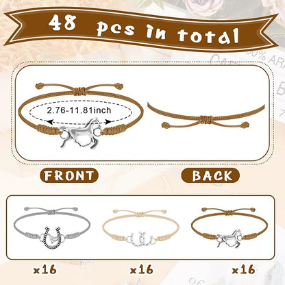 Sureio 48 Pcs Horse Rope Braided Bracelet Gifts Bulk Horse Goodie Party Favors Western Cowgirl Cowboy Adjustable Wedding Bridal Shower Bracelets for Women