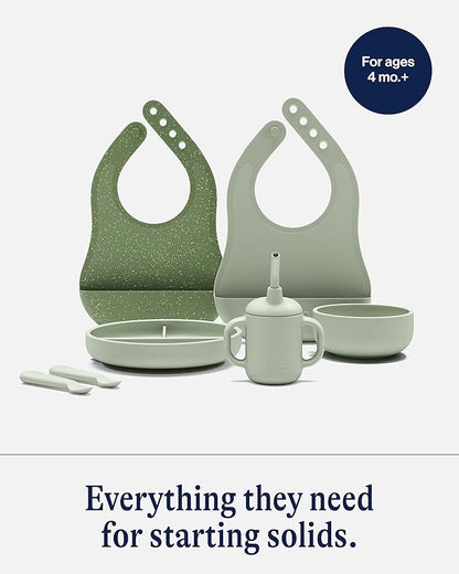 Lalo First Bites Silicone Baby Feeding Set - Baby Led Weaning Supplies - Non-Toxic Silicone - Includes 2 Bibs, 2 Spoons, Training Cup, Suction Plate and Bowl - 6 Pieces - Sage