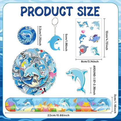 98 PCS Dolphin Party Favors, Dolphin Temporary Tattoos Slap Bracelets Keychains Stickers Badges for Dolphin Birthday Party Decorations Supplies Gifts for Kids Teens Boys Girls Classroom Rewards