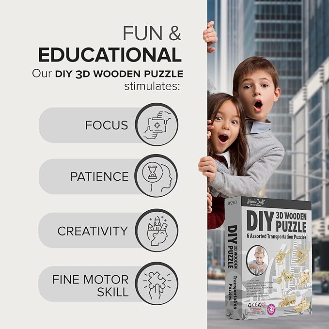Hands Craft DIY 3D Wooden Puzzle – 6 Assorted Transportation Bundle Pack Set Brain Teaser Puzzles Educational STEM Toy Adults and Kids to Build Safe and Non-Toxic Easy Punch Out Premium Wood JP2B3