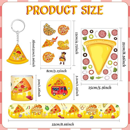 60 Pcs Pizza Party Favors Set Temporary Tattoos, Slap Bracelets, Keychains, Badges and Stickers for Pizza Themed Birthday Parties