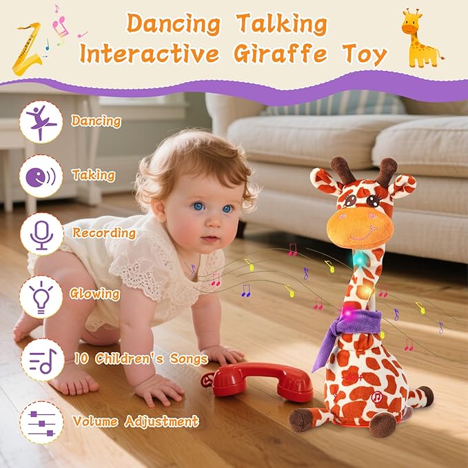 Dancing Talking Giraffe Toy, Stuffed Animal Baby Toy Repeating What You Say, Glowing Musical Electronic Giraffe Gifts for Toddlers 1-3 Years Old, Easter Gift for Kids (New Giraffe)