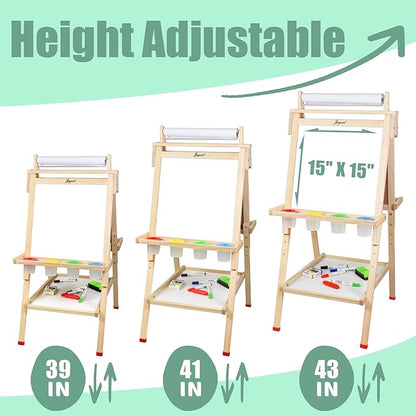 Joyooss Art Easel for Kids with Double-Sided Magnetic, Wooden Standing Kids Easel with Dry Erase Whiteboard & Chalkboard, Height Adjustable Children Easel with Paper Roll, Bonus Toddler Art Supplies