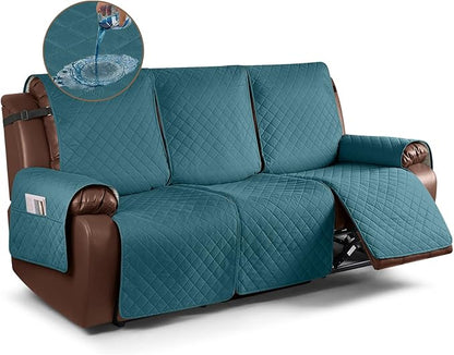 KinCam Waterproof Recliner Sofa Cover, Non-Slip Reclining Couch Covers for 3 Seat, Recliner Couch Cover Furniture Protector with Elastic Straps for Pets, Kids, Peacock Blue