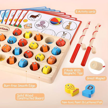 Torlam Magnetic Wooden Fishing Game Toy for Toddlers, Fine Motor Skill Toy ABC Alphabet Learning for Toddlers, Montessori Letters Cognition Preschool with 2 Pole and 8 Activity Cards