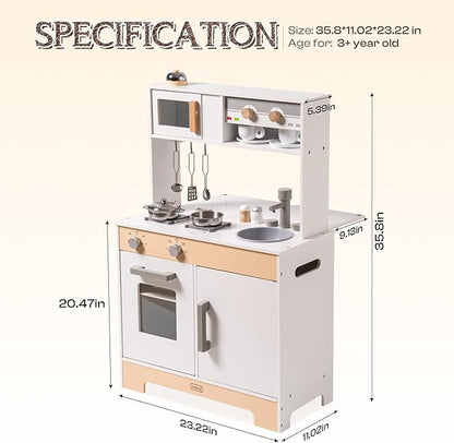 2 in 1 Play Kitchen for Kids Wooden Chef Pretend Play Kitchen Playset with Sounds Food Cookware Accessories Set for Boys Girl Birthday Gifts White