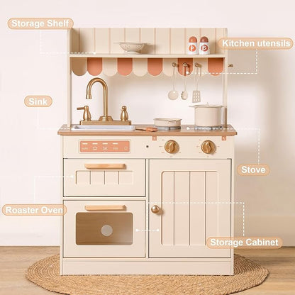 ROBUD Play Kitchen, Wooden Kids Kitchen Playset for Kids with Realistic Design, Sink, Oven, Stove, Cabinet, American Vintage Style, Age 3+