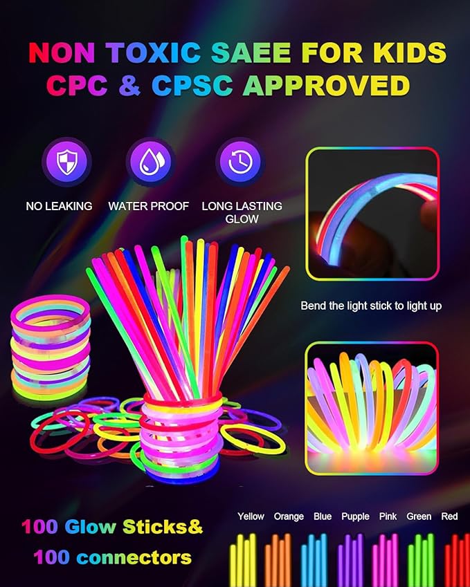Glow in the Dark Party Supplies for Kids Adults, Glow Party Favors, Light Up Toys 100 Glow Sticks Bulk Party Pack, Bracelets LED Glasses Finger Lights Headband for Wedding Birthday New Year Halloween