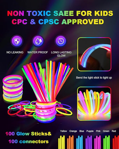 Glow in the Dark Party Supplies for Kids Adults, Glow Party Favors, Light Up Toys 100 Glow Sticks Bulk Party Pack, Bracelets LED Glasses Finger Lights Headband for Wedding Birthday New Year Halloween