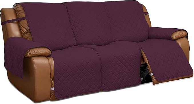 Easy-Going Recliner Sofa Cover, Reversible Couch Cover for 3 Seat Recliner, Split Sofa Cover for Each Seat, Furniture Protector with Elastic Straps for Kids, Dogs, Pets(3 Seater, Wine/Beige)