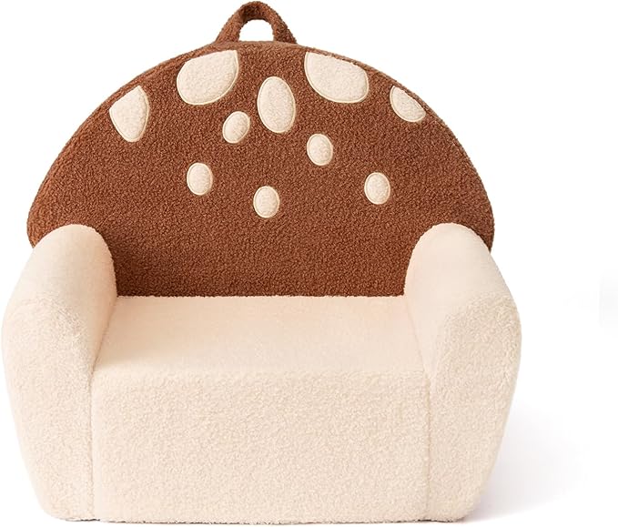 Blissful Diary Toddler Chair Comfy, Foam Kids Chair with Soft Teddy Plush, Toddler Reading Armchair with Cute Mushroom Designs- Brown