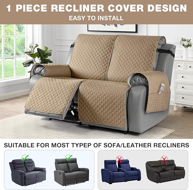TAOCOCO Loveseat Recliner Cover Non-Slip Sofa Slipcover, Pet Cover for Loveseat Recliner with Elastic Straps, Washable Reclining Loveseat Cover Recliner Furniture Protector (2 Seater, Camel)