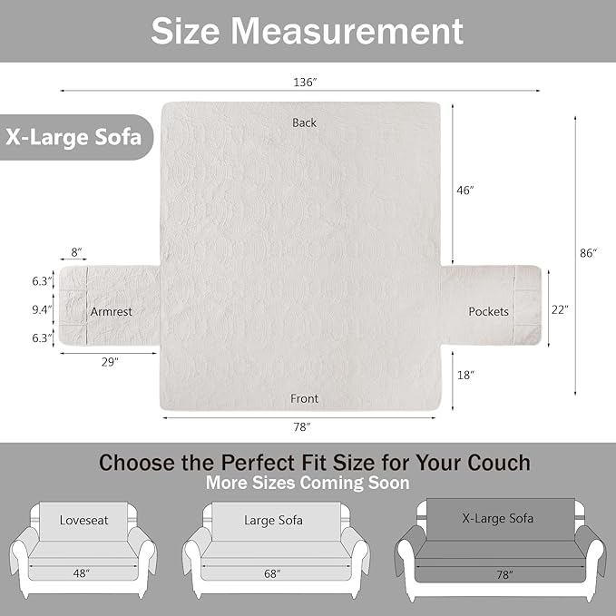 Soft Quilted Couch Cover with Pockets for Extra-Large Sofa, Anti-Slip Sofa Covers Washable for 3 Cushion Pet Friendly Medallion Oversized Sofa Cover Water-Repellent (X-Large Sofa 78", White)