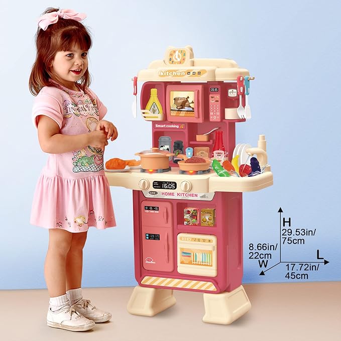 deAO Kids Kitchen Playset 35PCS Play Kitchen Toys Accessories with Sounds Lights,Cooking Stove Steam,Pretend Play for Toddler Aged 3 4 5 6 7 8 Years (Red)