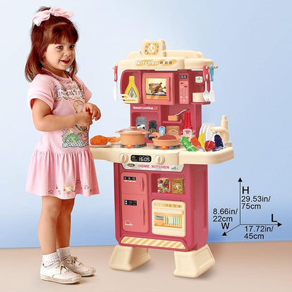 deAO Kids Kitchen Playset 35PCS Play Kitchen Toys Accessories with Sounds Lights,Cooking Stove Steam,Pretend Play for Toddler Aged 3 4 5 6 7 8 Years (Red)