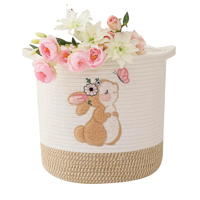 INough Toy Storage Baskets Woven Cotton Rope Storage Basket for Kids, Blanket Baskets for Living Room Stuffed Animal Storage Toys Organizer with Embroidery Decor, Cute Baskets for Nursery (Bunny)
