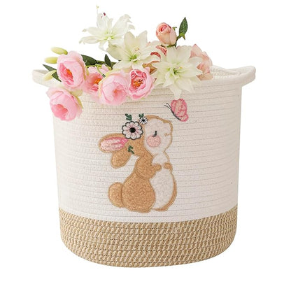 INough Toy Storage Baskets Woven Cotton Rope Storage Basket for Kids, Blanket Baskets for Living Room Stuffed Animal Storage Toys Organizer with Embroidery Decor, Cute Baskets for Nursery (Bunny)