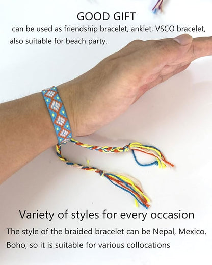 Woven Friendship Bracelets - Adjustable Nepal & Mexico Wave Anklets - 0.45 Inch Width - Diamond-Shaped Design - 12 Colorful Braided Bracelets for Best Friends, Kids, Women, Girls, and Men - Boho Surfer Beach Party VSCO Style