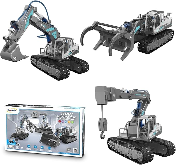 STEM Building Block Assembly Toy Set for Kids 8-12 Years - 3-in-1 Hydraulically Powered Construction Toy Including Excavator, Crane, and Timber Loader