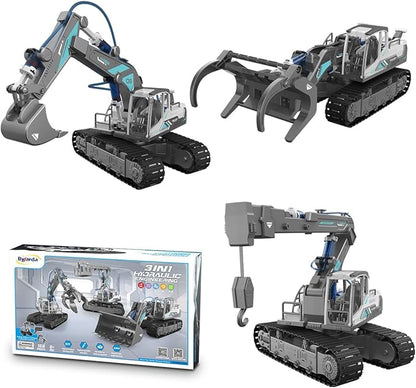 STEM Building Block Assembly Toy Set for Kids 8-12 Years - 3-in-1 Hydraulically Powered Construction Toy Including Excavator, Crane, and Timber Loader