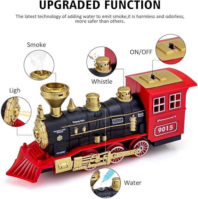 Hot Bee Train Toys Train Steam Locomotive Engine Toy, Smoke, Lights & Sounds, for 3 4 5 6 7+ Year Old Kids