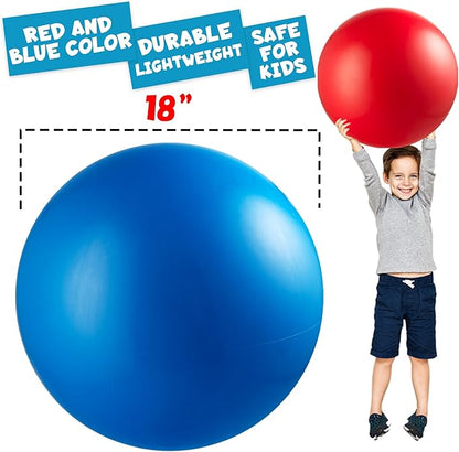 PlayBolt Jumbo 18-Inch Playground Balls (2 Pack, Red & Blue) - Giant Large Inflatable Rubber Kickball for Kids and Toddlers, Boys & Girls Backyard, Sports, Gym, Recess, Indoor & Outdoor Games w/Pump
